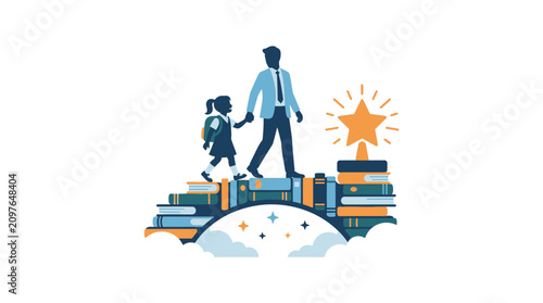 A teacher guiding a young student across a bridge made of stacked books towards a glowing star.