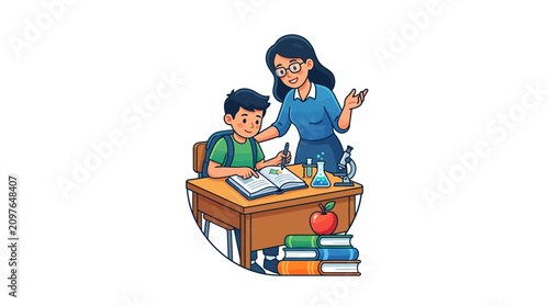 A dedicated teacher assisting a young student with his science studies at a wooden desk.