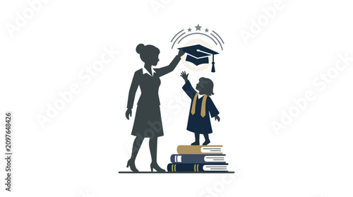 A silhouette of a teacher placing a graduation cap on a young student standing on a stack of books.