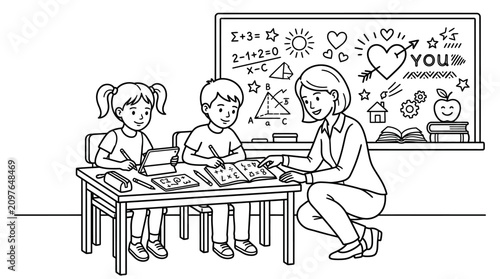 A teacher assisting two young students with their schoolwork at a classroom desk.