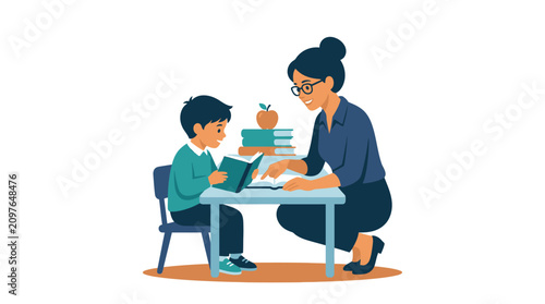 A dedicated teacher providing personalized academic guidance to a young student at a desk.