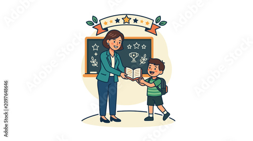 A female teacher handing a book to a young male student in a classroom setting.