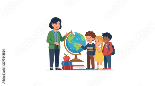A teacher showing a globe to a group of diverse elementary school students in a classroom.