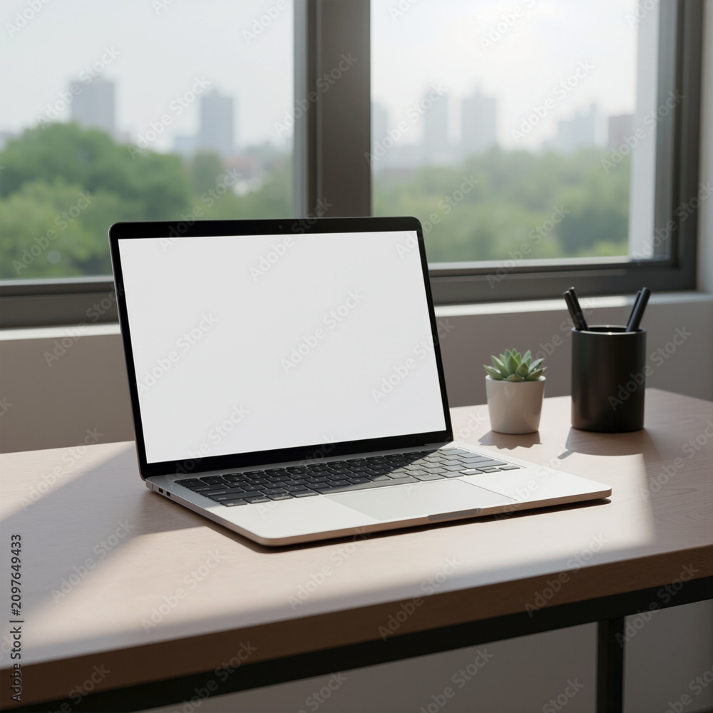 Fototapeta premium Laptop with blank screen on desk near window