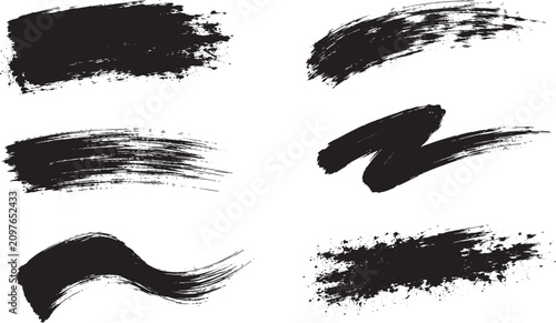 Black grunge brush stroke set with dry ink paint texture, artistic abstract brush marks, distressed smear, splatter, and rough hand painted vector design isolated on white background.