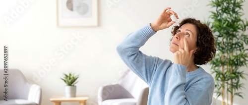 Woman applying eye drops for dry irritated eyes, looking up at bottle dropper in softly lit bright room with chairs and plant decoration.