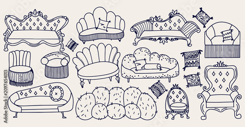 Cuadro en lienzo Vintage living room furniture doodle background, interior decor line art pattern
