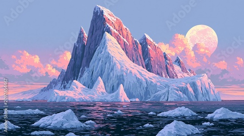 Majestic icy mountain illuminated by pink sunset with full moon over ocean
