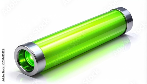 Shiny green cylinder with metallic end caps, reflecting light