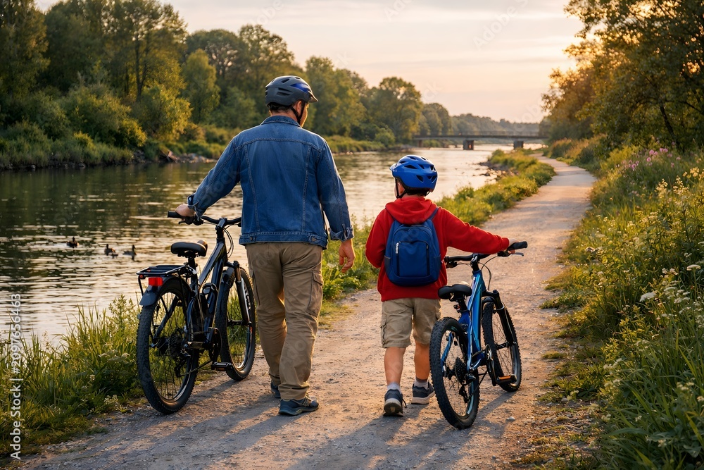 Fototapeta premium Father and son cycling together on a scenic path by the river at sunset