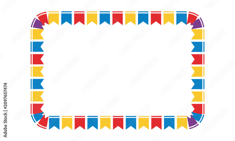 Obraz premium Rectangular frame border made of colorful triangular bunting flags on a white background for festive celebration design