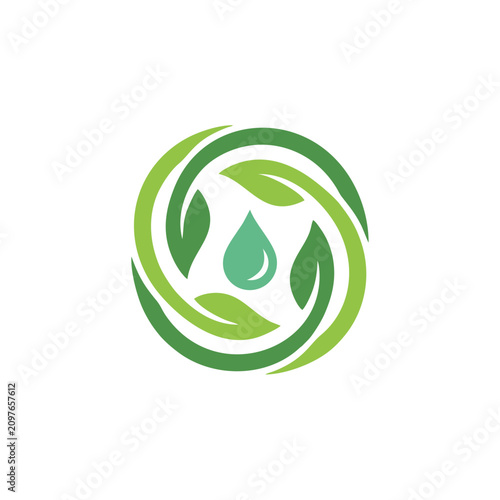 Eco leaf water drop logo. Organic nature symbol for sustainable branding.
