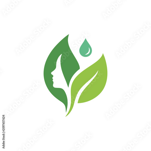 Beauty woman face with green leaves. Organic skincare and spa logo icon.