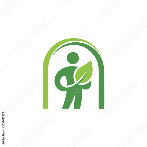 Eco friendly human logo design. Green person holding a leaf vector icon.