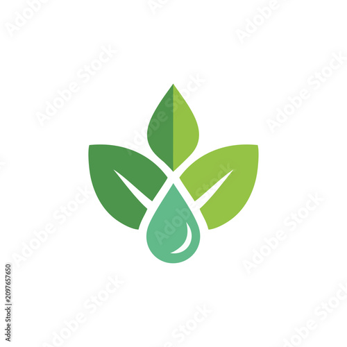 Green leaf water drop logo. Eco friendly nature symbol for organic brand.