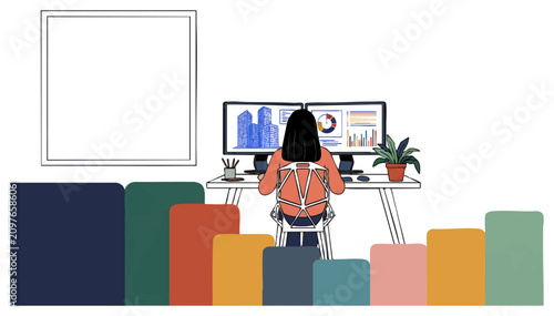 Obraz na płótnie Focused professional at modern desk with colorful blocks, concept for creative w
