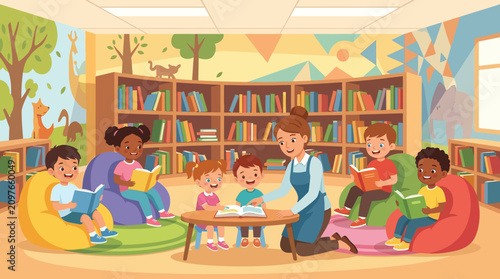 Professora lendo livros para crianças diversas em uma biblioteca colorida de escola infantil.