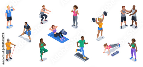 Foto Fitness center people working out, training on gym equipment, and exercising | I