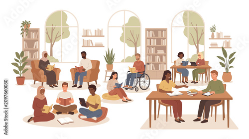 Pessoas diversas lendo livros e estudando em uma biblioteca pública aconchegante com estantes e plantas.