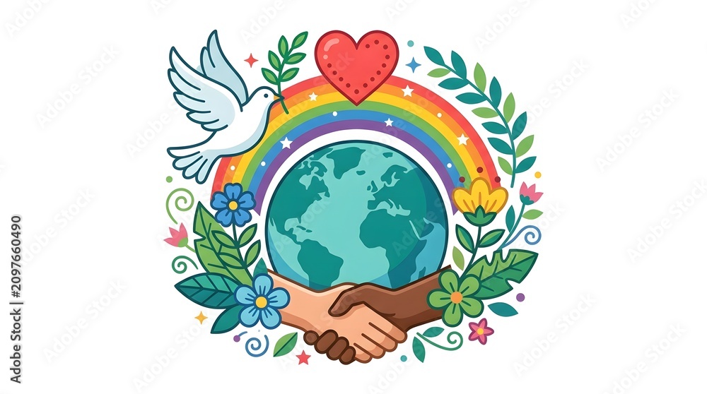 Obraz premium Global unity illustration handshake earth rainbow dove and heart symbolizing peace and harmony
