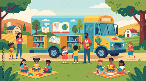 Ônibus biblioteca móvel com crianças lendo ao ar livre em um dia ensolarado.