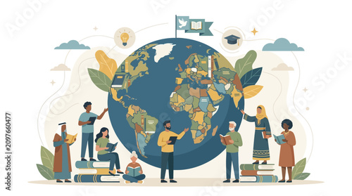 Ilustração plana de pessoas diversas lendo livros ao redor de um globo terrestre representando educação global e conhecimento.