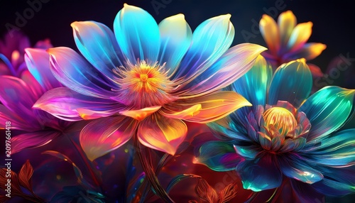 Vibrant Colorful Iridescent Fantasy Flowers Close Up Dark Background
