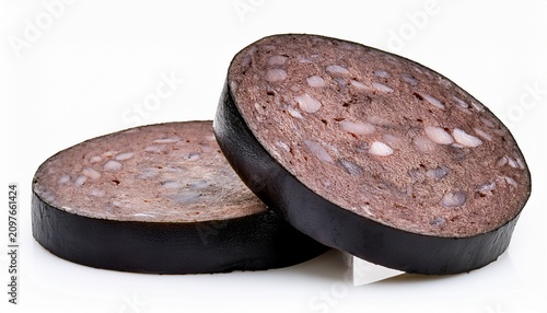 Thick Slices Of Pork Farmhouse Black Pudding Isolated On A White Background