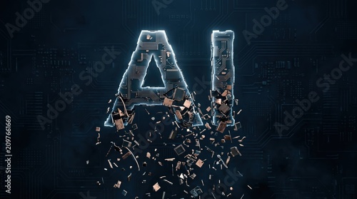 AI logo crumbling to pieces. Dynamic and dramatic AI logo.