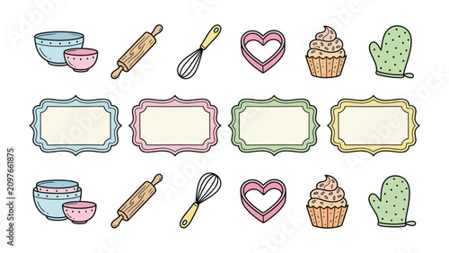 Quadro su tela Baking Icons and Labels: A collection of whimsical baking-themed icons, including bowls, a rolling pin, a whisk, a heart-shaped cookie cutter, a cupcake, and an oven mitt