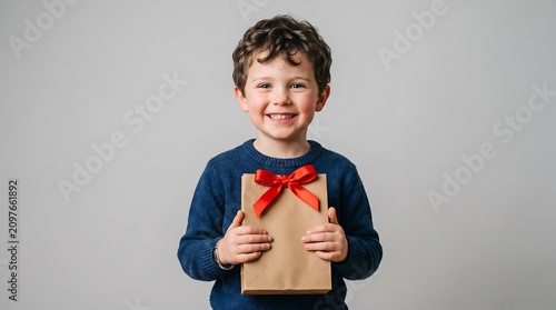 A happy young boy with curly hair smiles brightly while holding a brown gift bag with a red ribbon, standing against a plain grey background.