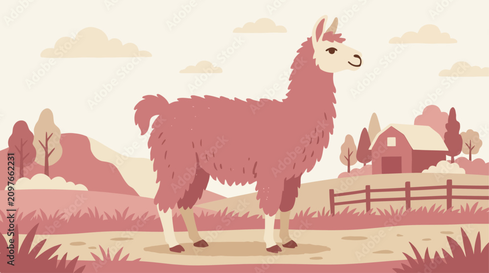 Fototapeta premium A pink llama standing in a rural landscape.