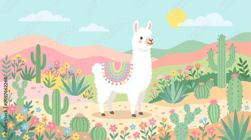 Fototapeta premium A white llama standing in a desert.