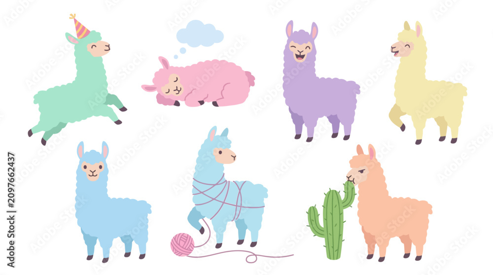 Fototapeta premium Colorful cartoon llamas and animals illustration.