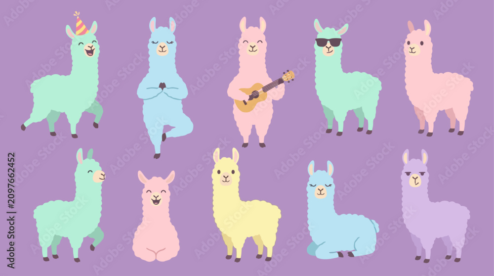 Fototapeta premium Colorful illustration of multiple llamas.