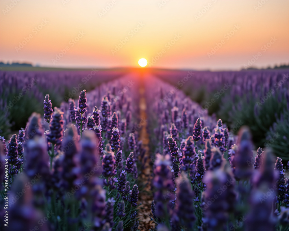 Fototapeta premium Champ de lavande en fleurs au coucher du soleil, paysage provençal violet et doré, nature sauvage et sérénité estivale
