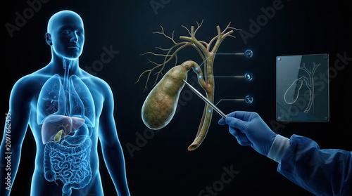 Gallbladder cystic duct surgeon surgery anatomy medical illustration biliary tract digestive system shown with gallbladder and cystic duct diagram, surgeon hand pointing with instrument