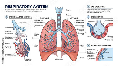 Human Respiratory System Anatomy Diagram: Lungs, Bronchi, Alveoli, Gas Exchange