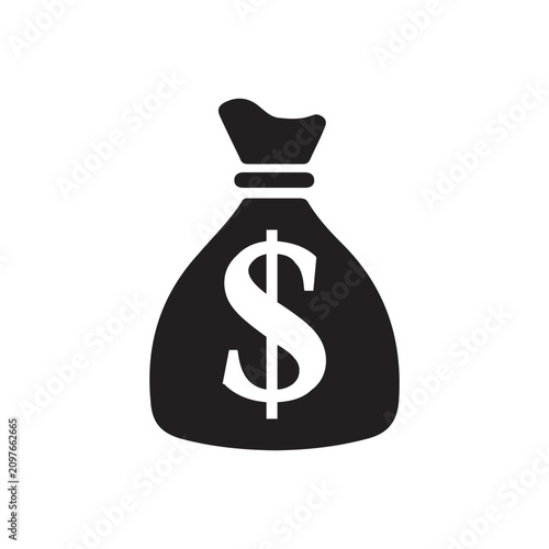 Money bag icon with dollar sign. Black silhouette symbol for finance and banking concepts.