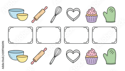 Bild auf Leinwand Baking Fun Layout: A playful arrangement of baking essentials including bowls, a rolling pin, a whisk, heart-shaped cookie cutter, cupcake, and oven mitt