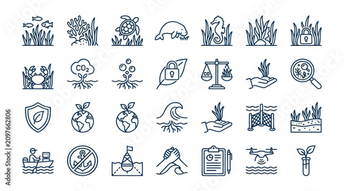 Marine life and underwater ocean environment line icons