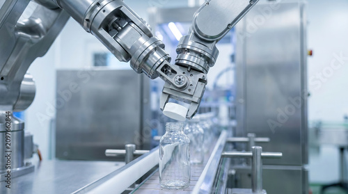 Pharmaceutical manufacturing robotic arm placing white cap on glass bottle in clean industrial environment showing advanced automation and precision in production line