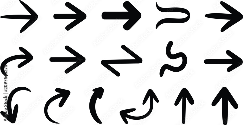 Fototapeta premium Set of fifteen hand-drawn black arrow featuring various shapes including straight, curved, wavy, and angular pointers on a white background