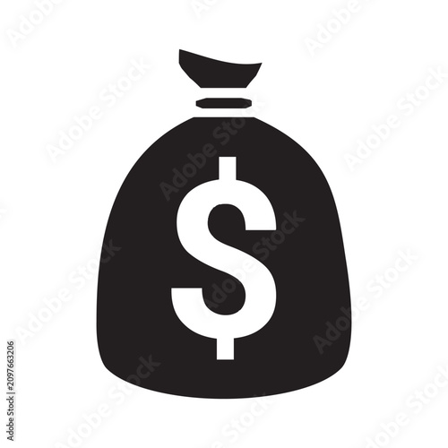 Money bag icon with dollar sign. Black silhouette vector symbol for finance and banking apps.