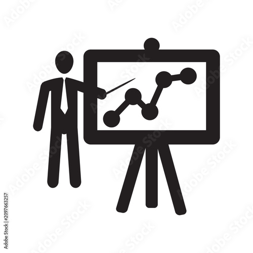 Business presentation icon. Professional manager showing financial growth on a whiteboard chart.