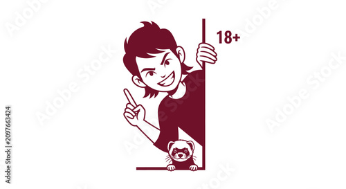 Young man and ferret peeking with 18+ age restriction sign