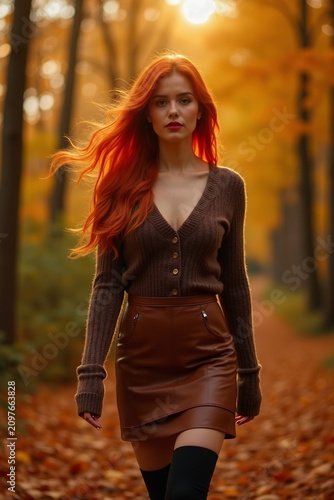 Portrait of stunning redhair woman in a forest in autumn