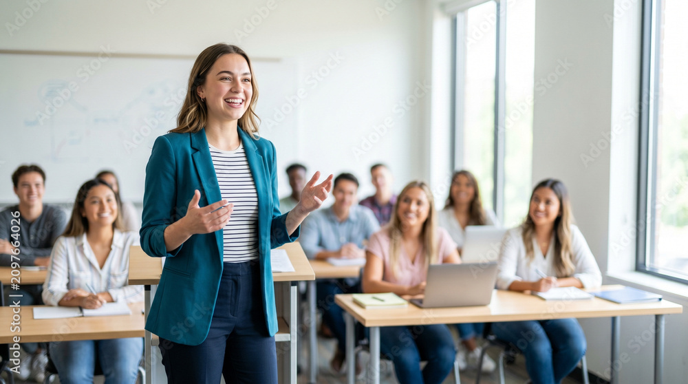 Obraz premium Young woman presenting in front of a class while smiling, concept of Day of Knowledge 