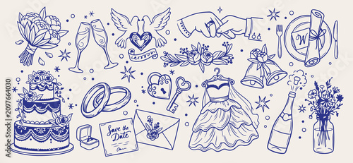 Bild auf Leinwand Wedding day doodle pattern, marriage ceremony line art, bride and groom vector,