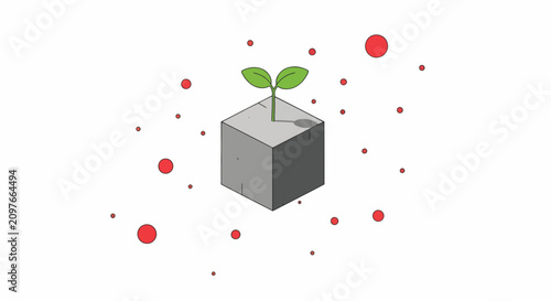 Minimalist illustration: a small green plant sprout growing from a grey cube, surrounded by scattered red dots, symbolizing growth and new ideas.